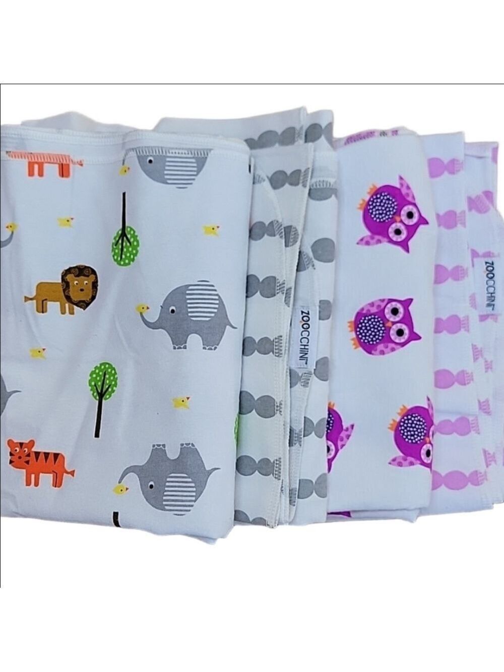 Zoocchini Cotton Candy Flannel Receiving Blanket 4pk-Purple/Gray Dots Owl Safari